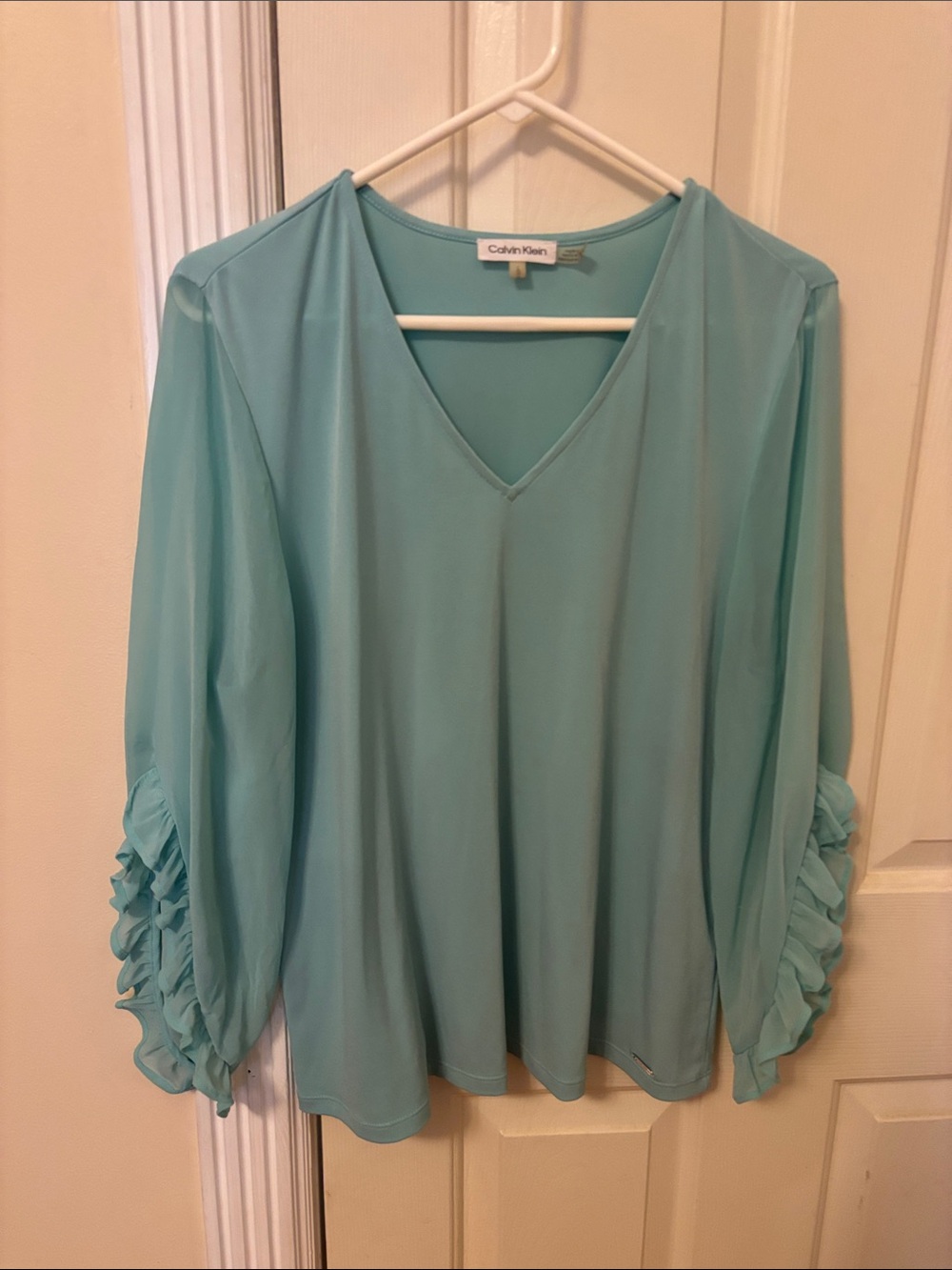 Calvin Klein Aqua V-Neck Blouse with Ruffle Sleeve Detail